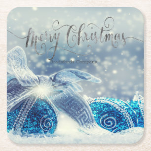 Dessous De Verre Carré Boules de Noël bleues Bokeh 