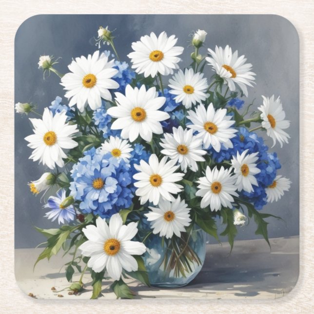 Dessous De Verre Carré Bouquet de fleurs Élégantes marguerites Aquarelle (Devant)