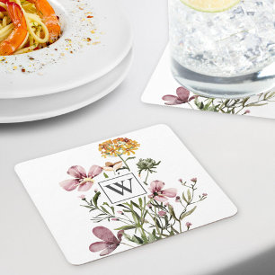 Dessous De Verre Carré Bouquet de fleurs sauvages aquarelle Monogram #1