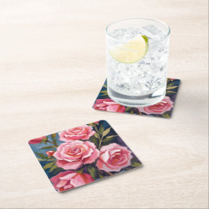 Dessous De Verre Carré Bouquet de roses rose blush peinture 