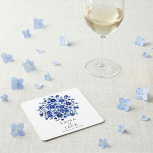 Dessous De Verre Carré Bouquet floral bleu Merci pour votre mariage