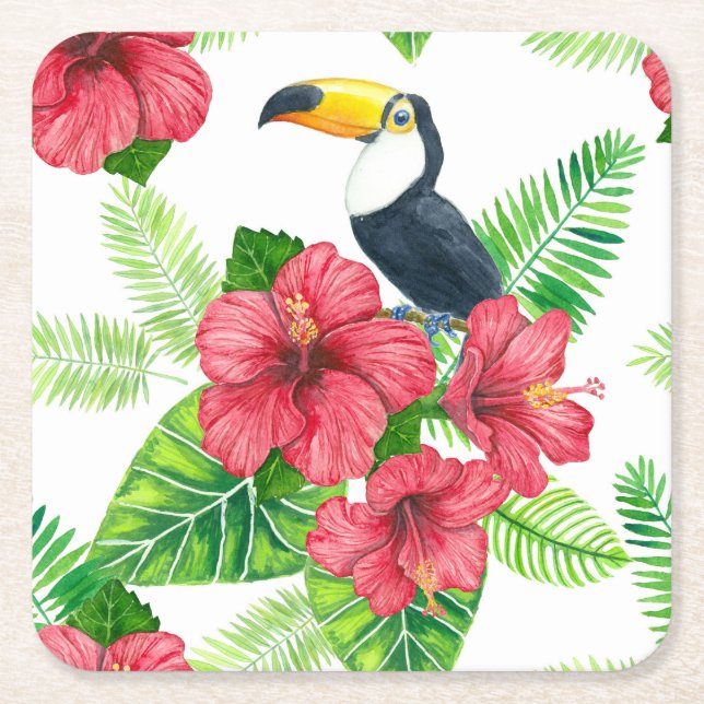 Dessous De Verre Carré Bouquet Toucan et tropical (Devant)