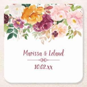 Dessous De Verre Carré Bourgogne safran Jaune Peonies Rose Mariage