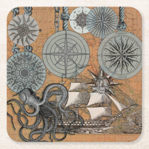 Dessous De Verre Carré Boussole Rose Vintage Nautique Octopus Ship