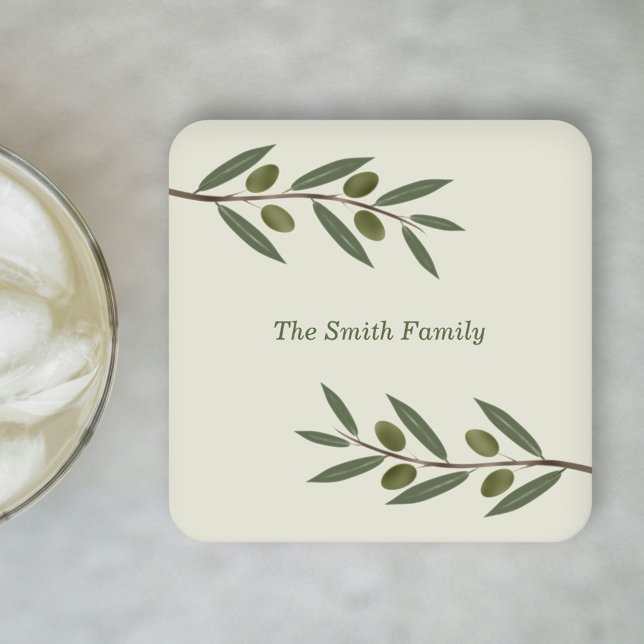 Dessous De Verre Carré Branche d'olive aquarelle (Watercolor Olive Branch Square Paper Coaster)