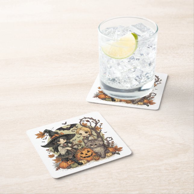 Dessous De Verre Carré Bruxinhas Kawaii com Gatinho e Abóboras  (En situation)