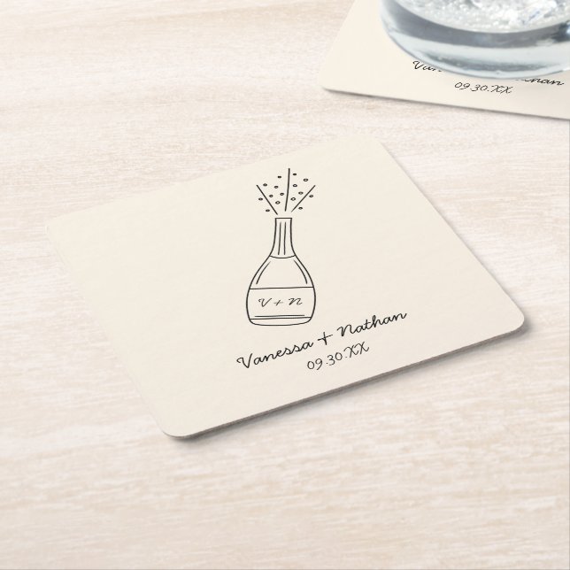 Dessous De Verre Carré Bubbly Popping Champagne Bouteille Mariage Whimsic (Incliné)