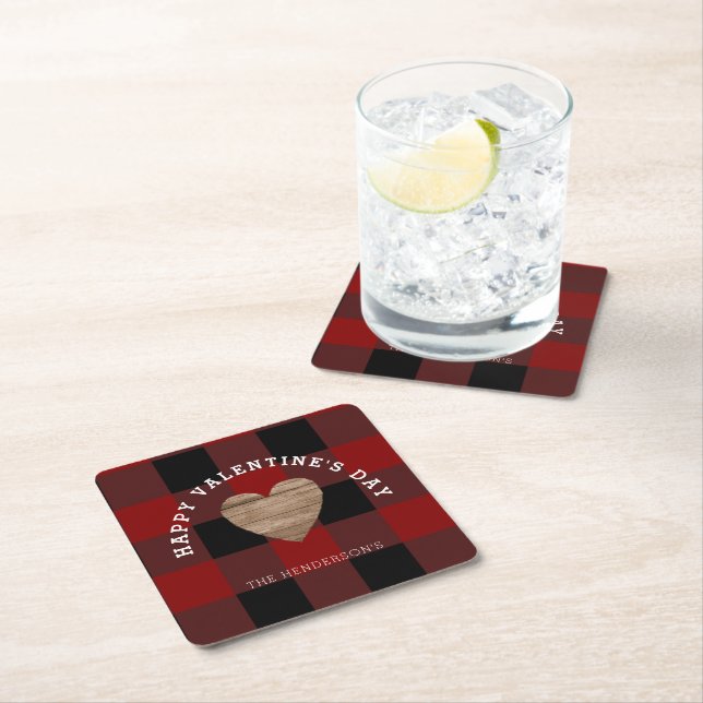 Dessous De Verre Carré Buffalo Plaid Heart Valentines Day Personnalisé (En situation)