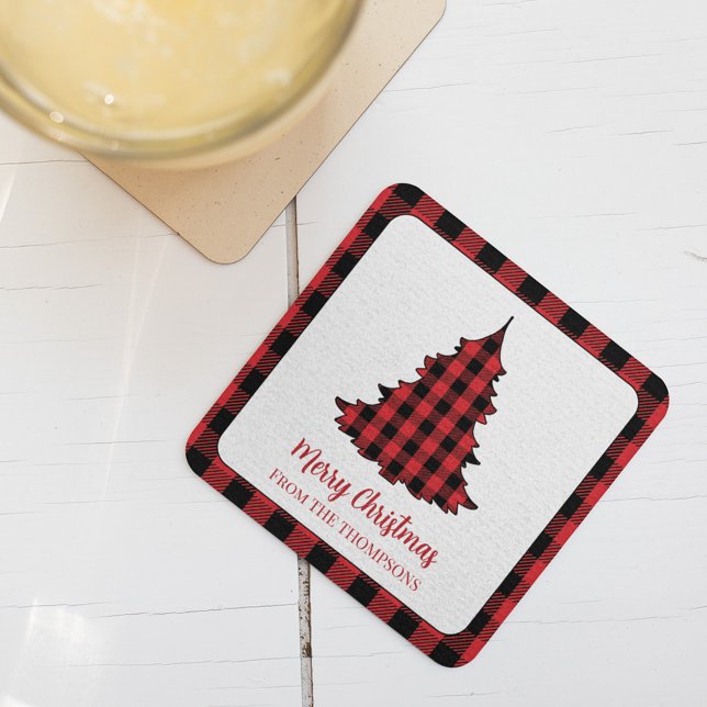 Dessous De Verre Carré Buffle de Noël Chèque personnalisé (Merry Christmas holiday Buffalo check Christmas Tree Party paper coaster.)