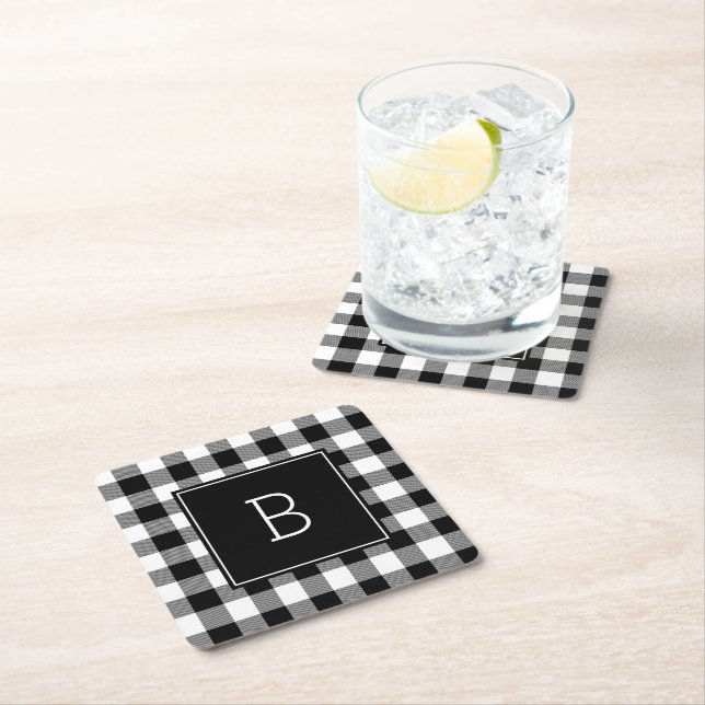 Dessous De Verre Carré Buffle noir et blanc monogramme plaqué (En situation)