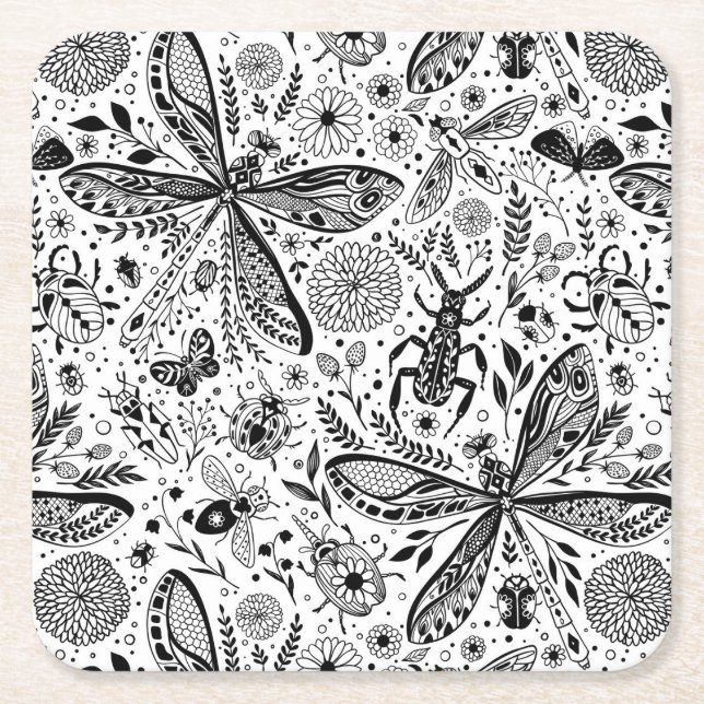 Dessous De Verre Carré Bugs de Doodle sur bleu foncé (Devant)