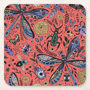 Dessous De Verre Carré Bugs de Doodle sur corail rouge