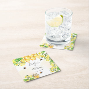 Dessous De Verre Carré Bumble abeilles miel fleurons jaunes mariage
