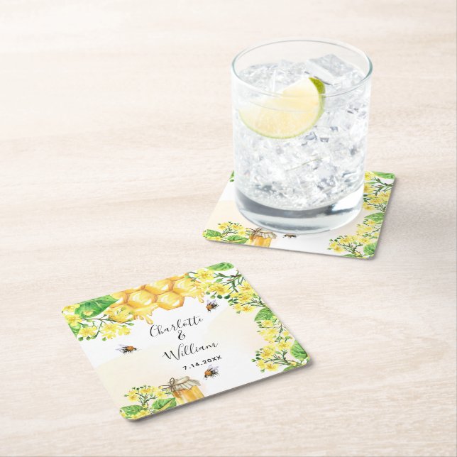 Dessous De Verre Carré Bumble abeilles miel fleurons jaunes mariage (En situation)