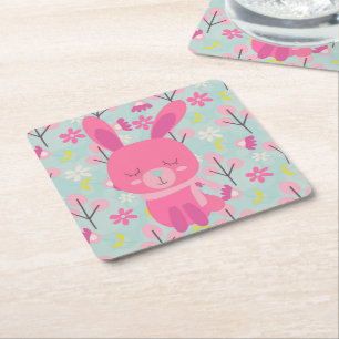Dessous De Verre Carré Bunnies et fleurs roses