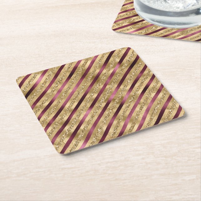 Dessous De Verre Carré Burgundy Red Gold Parties scintillant Stripes (Incliné)
