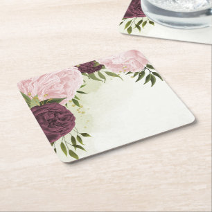 Dessous De Verre Carré cabernet rose fleurs verdure mariage