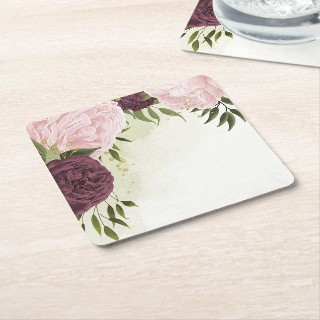 Dessous De Verre Carré cabernet rose fleurs verdure mariage (Incliné)