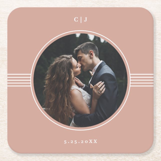 Dessous De Verre Carré Cadre élégant | Mariage photo en terre cuite (Devant)