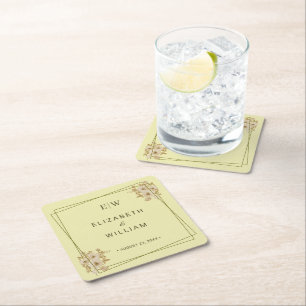 Dessous De Verre Carré Cadre rose - Mariage jaune céleste Monogramme