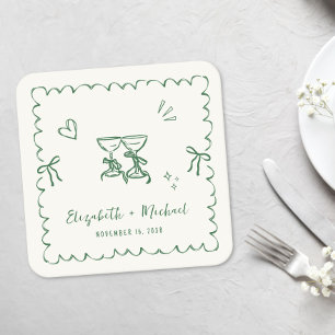 Dessous De Verre Carré Cadre Vert Ondulé Fantaisiste Crème Mariage