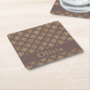 Dessous De Verre Carré Café Brown & Or Fleur De Lis Personnalisé