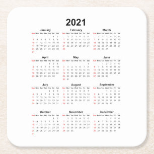 Dessous De Verre Carré Calendrier mensuel 2021