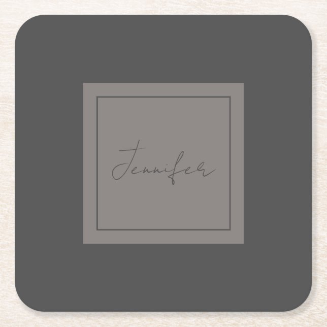 Dessous De Verre Carré Calligraphie Élégante Plaque Simple Nom Gris (Devant)