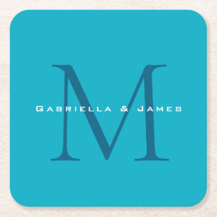 Dessous De Verre Carré Calligraphie monogramme Azure Blue Modern Plain