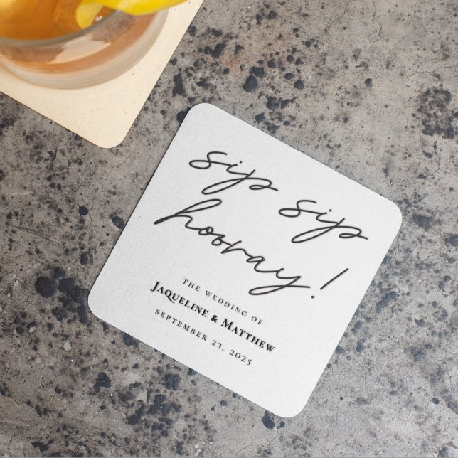 Dessous De Verre Carré Calligraphie Sip Sip Hooray Mariage noir blanc (Créateur téléchargé)