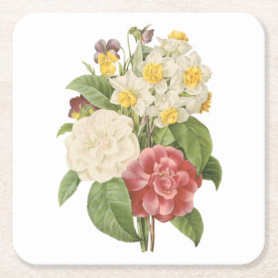 Dessous De Verre Carré camellia, narcisse, poitrine de Redouté