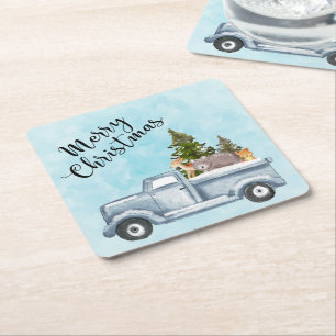Dessous De Verre Carré Camion de Noël avec pins et animaux de forêt