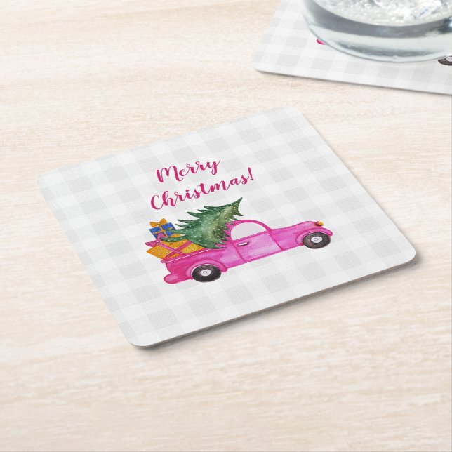 Dessous De Verre Carré Camion Rose De Noël Avec Arbre Et Souhaits (Incliné)