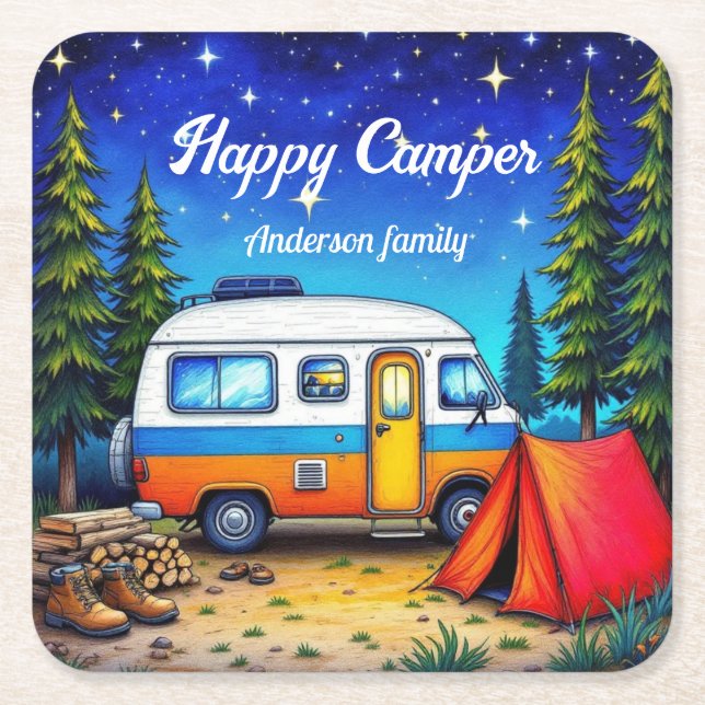 Dessous De Verre Carré Camper Camper Bleu Vert Nature Aquarelle (Devant)
