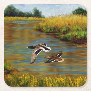 Dessous De Verre Carré Canards-Majards Survolant L'Étang
