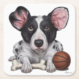 Dessous De Verre Carré Canine tachetée avec basket et os