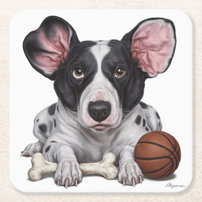 Dessous De Verre Carré Canine tachetée avec basket et os (Devant)