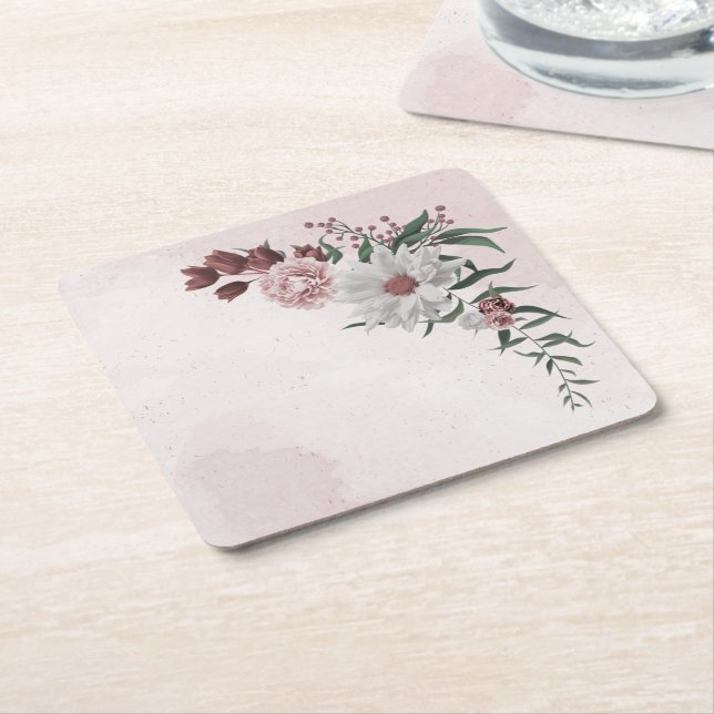 Dessous De Verre Carré cannelle rose rose blanc floral (Incliné)