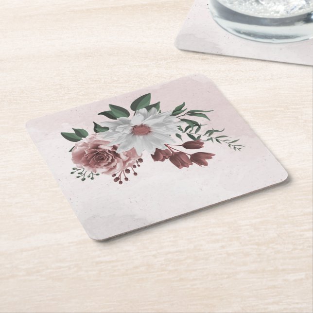 Dessous De Verre Carré cannelle rose rose blanc floral (Incliné)