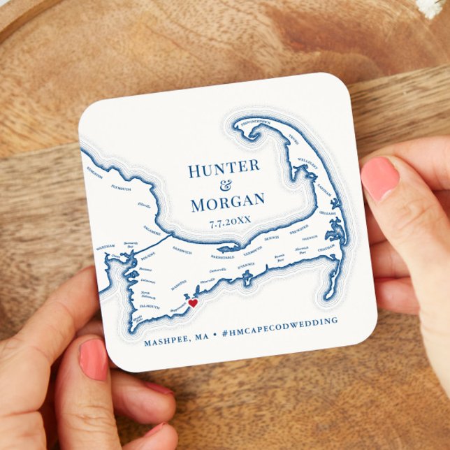 Dessous De Verre Carré Cape Cod Mariage Welcome Party Cocktail Hour (Drink Coaster Cape Cod Map Wedding favor personalized in elegant navy blue from Coastal Map Designs)