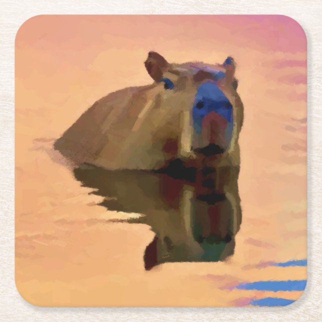 Dessous De Verre Carré Capybara émergeant d'un lac d'art paisible (Devant)