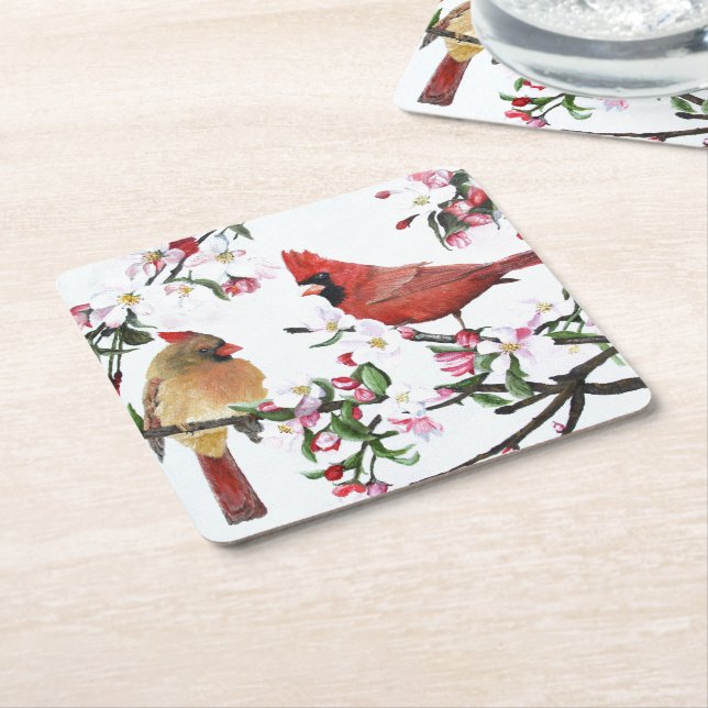 Dessous De Verre Carré Cardinaux et fleurs d'Apple (Incliné)