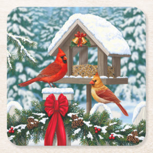 Dessous De Verre Carré Cardinaux et nourriciers d'oiseaux de Noël