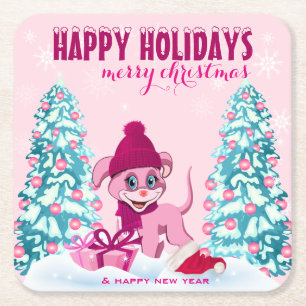 Dessous De Verre Carré Caricature de coquelicot rose de Noël