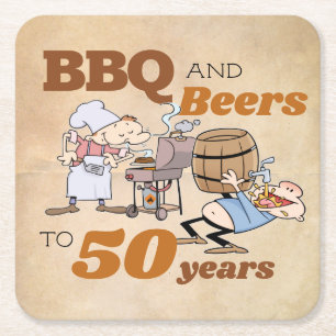 Dessous De Verre Carré Caricature rustique BBQ & Bières 50e anniversaire