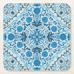 Dessous De Verre Carré Carreaux à fleurs bleus
