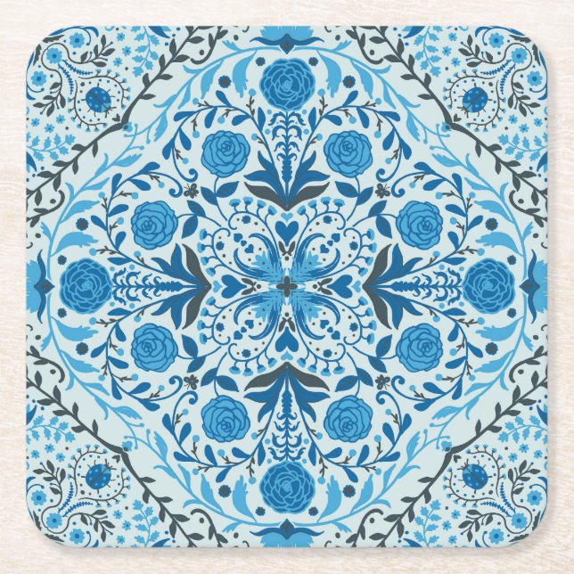 Dessous De Verre Carré Carreaux à fleurs bleus (Devant)