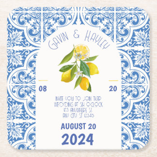 Dessous De Verre Carré Carreaux bleus et citrons Portugal Mariage Papier 