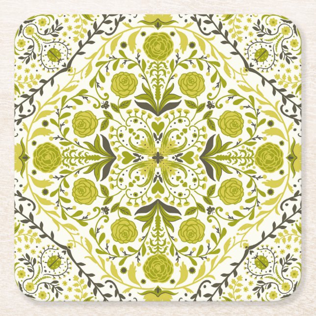 Dessous De Verre Carré Carreaux de fleurs en vert (Devant)
