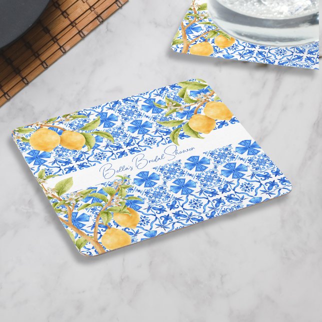 Dessous De Verre Carré Carreaux Méditerranéens Citrons de la Mariée Main  (Main squeeze personalized coasters bridal shower)